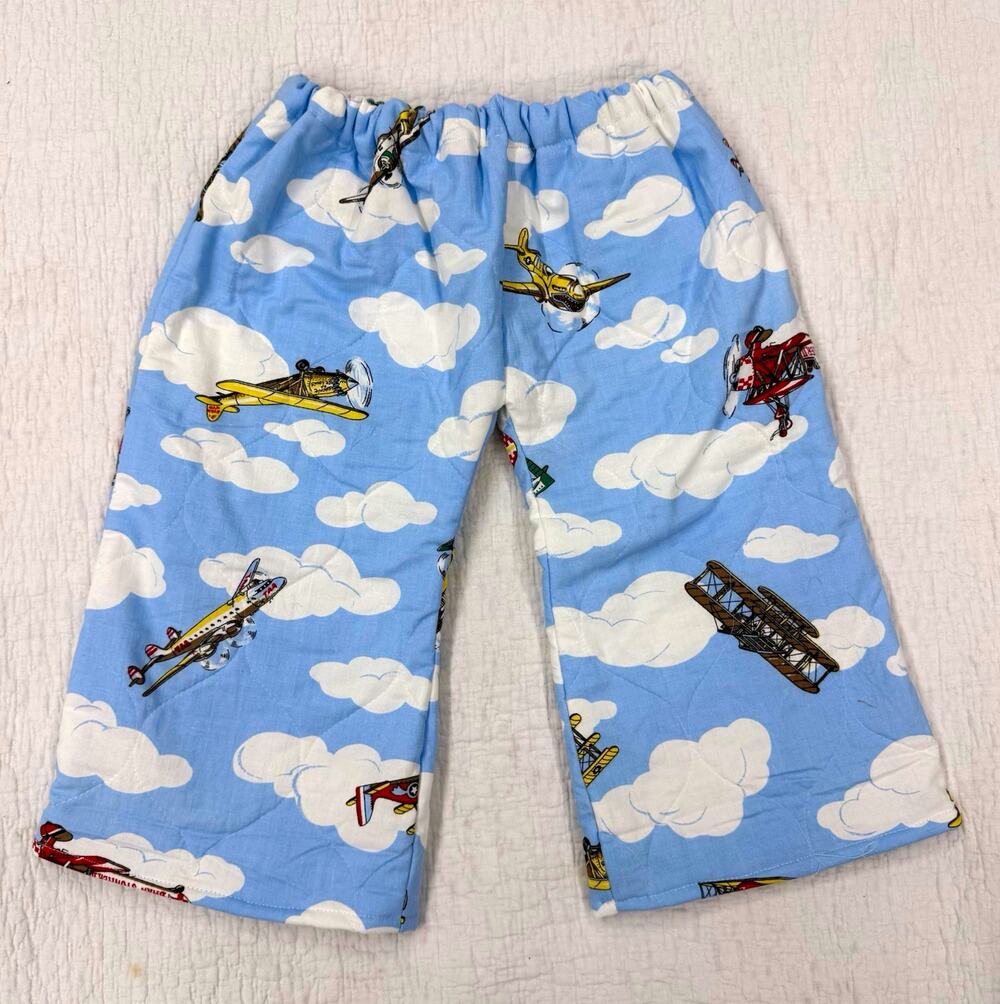 Handmade Quilt Boys 3T Pants Blue/White Clouds Airplanes Drawstring